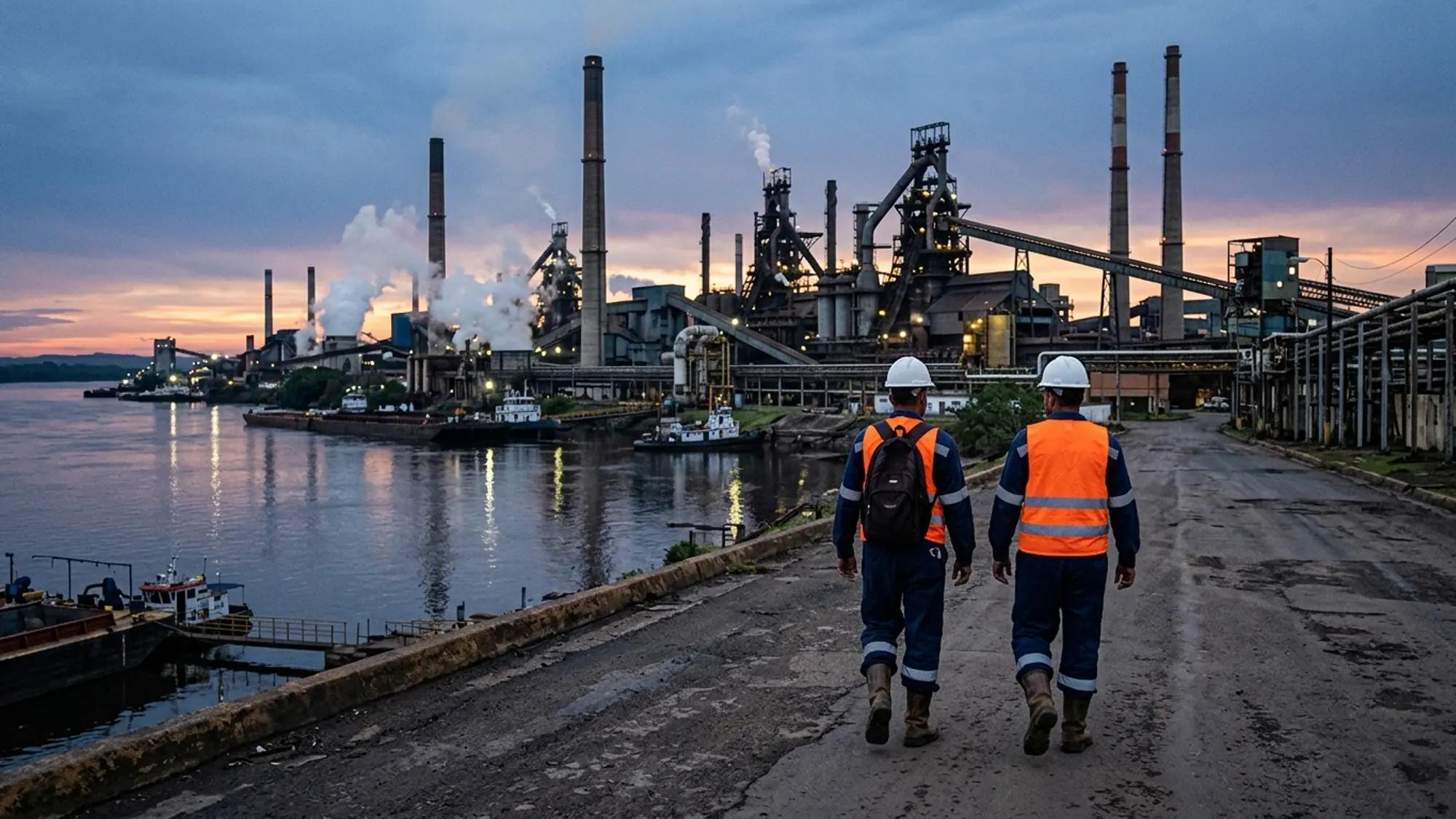 Two workers in helmets and vests walk toward an industrial plant on the banks of the Orinoco at dawn.