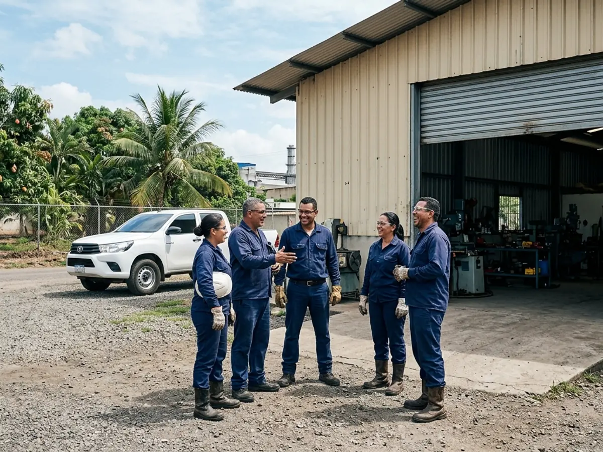 BELT team talking in front of the headquarters warehouse, with a pickup truck parked.